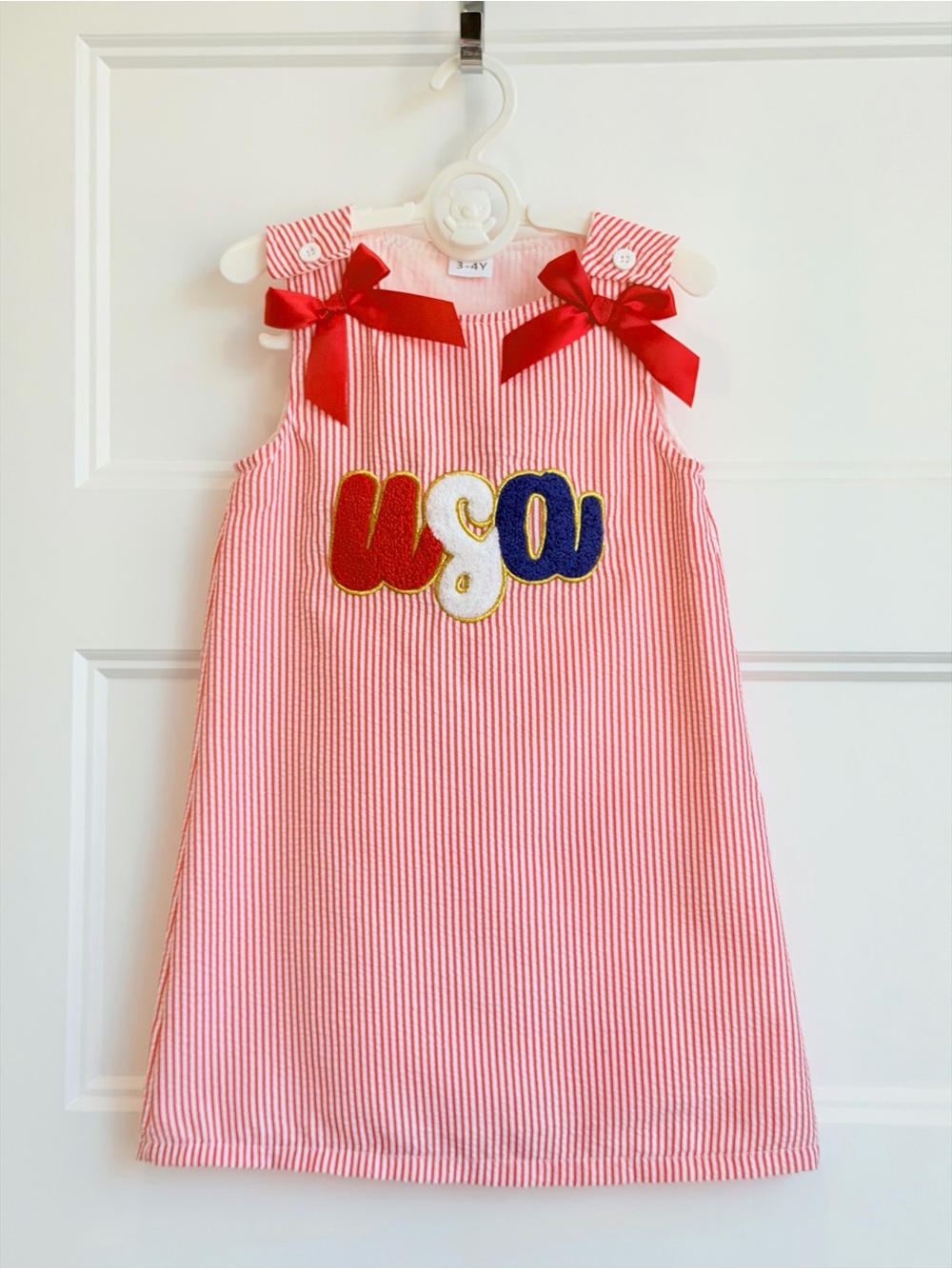Red Striped Sleeveless Kids Dress with USA Applique and Bow Shoulders